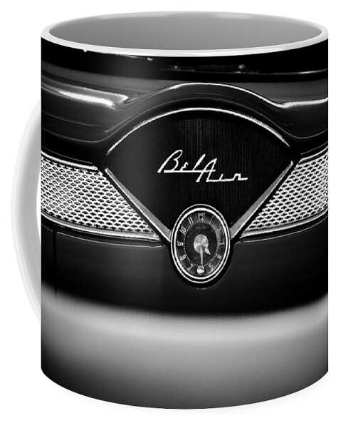 1955 Bel Air Coffee Mug featuring the photograph 1955 Chevy Bel Air Glow Compartment in Black and White by Sebastian Musial