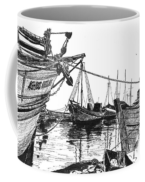 Port Coffee Mug featuring the drawing Aghios Nicolas by Frank SantAgata