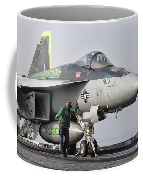 Transportation Coffee Mug featuring the photograph An Fa-18 Super Hornet Is Ready by Giovanni Colla
