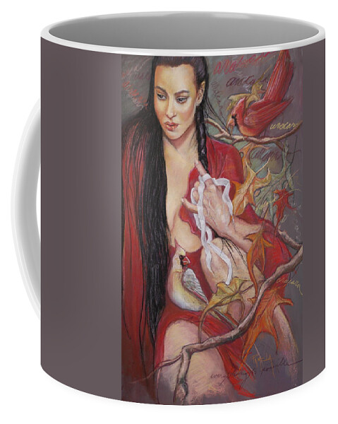 Colors Are Red And Black And Gold And Gray And White. Woman Braiding Hair Coffee Mug featuring the pastel Anything Is Possible-ara Cara by Pamela Mccabe