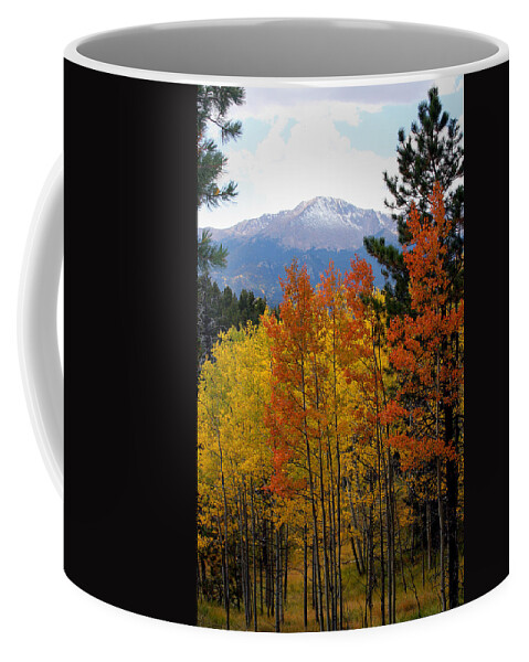 Colorado Mountains Coffee Mug featuring the photograph Aspen Grove and Pikes Peak by Kimberlee Fiedler