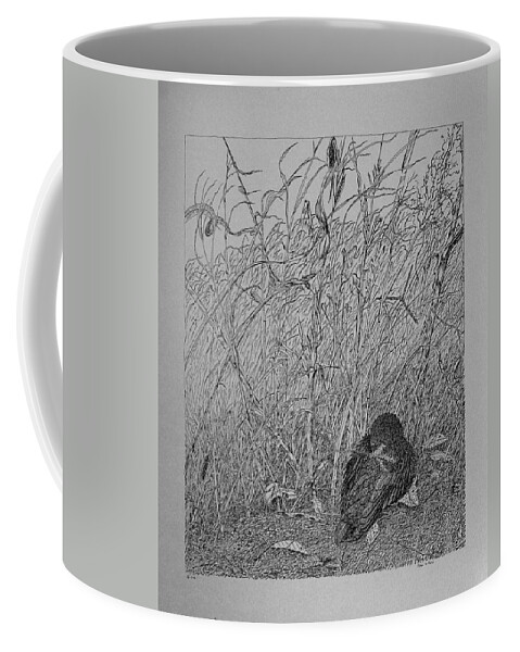 Pin And Ink Coffee Mug featuring the drawing Bird In Winter by Daniel Reed