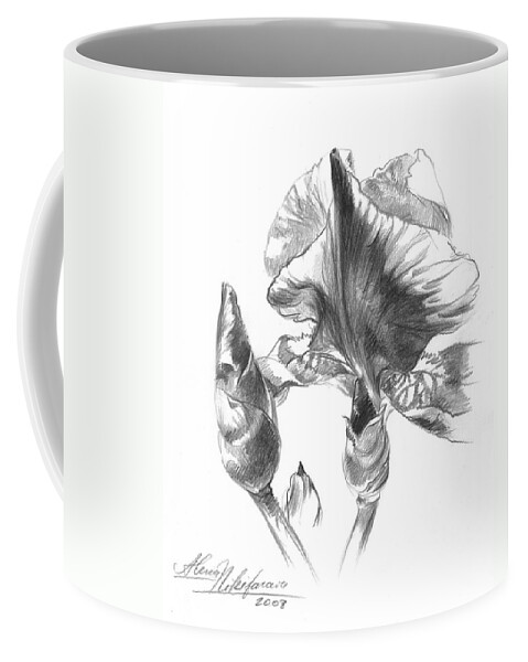 Iris Coffee Mug featuring the drawing Blooming Iris by Alena Nikifarava
