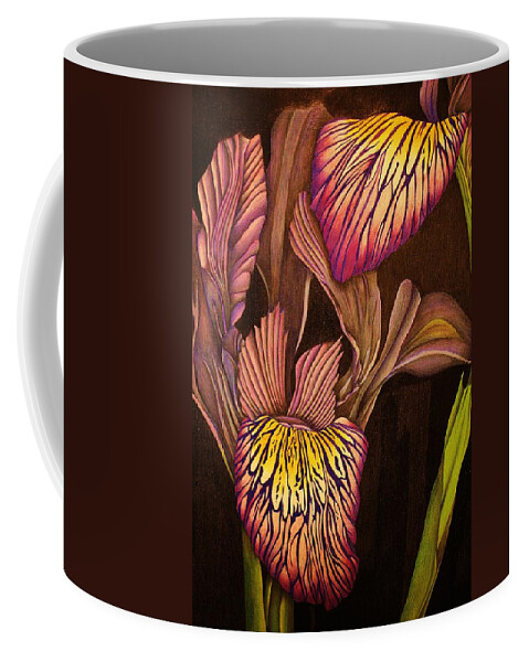 Flora Coffee Mug featuring the drawing Blooming Irises by Bruce Bley