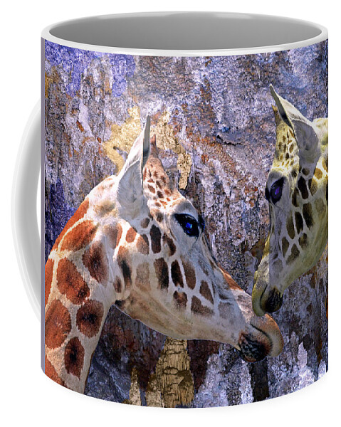 Animal Coffee Mug featuring the mixed media Blue Cave Giraffes by Lynda Lehmann