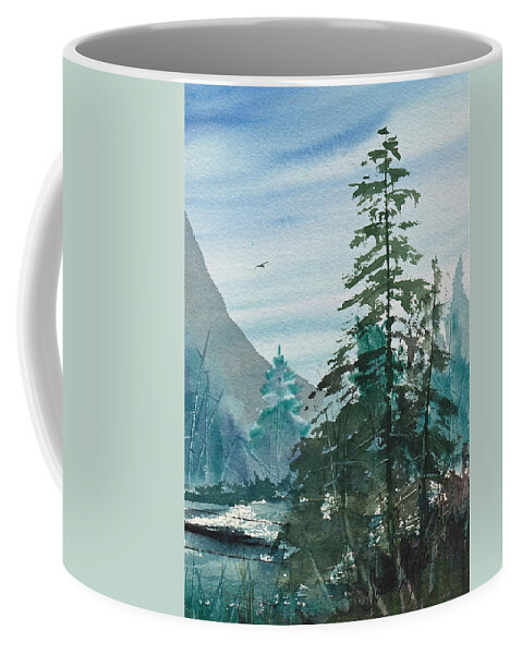 Mountains Coffee Mug featuring the painting Blue Green pines by Frank SantAgata