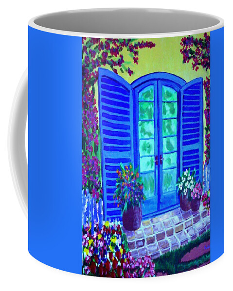 Blue Coffee Mug featuring the painting Blue Shutters by Laurie Morgan