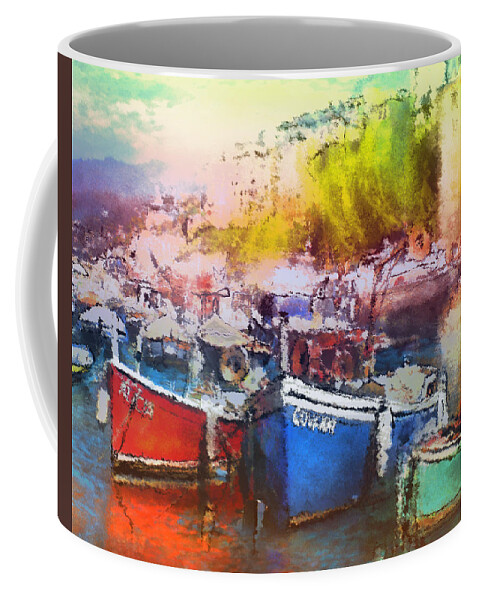 Travel Coffee Mug featuring the painting Boats in Italy by Miki De Goodaboom