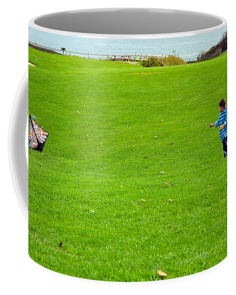 Kite Coffee Mug featuring the photograph Boy With His Kite Maine by Maureen E Ritter