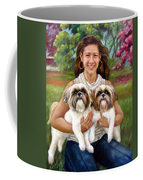  Coffee Mug featuring the painting Brittany and her Shih Tzusu by Nancy Tilles