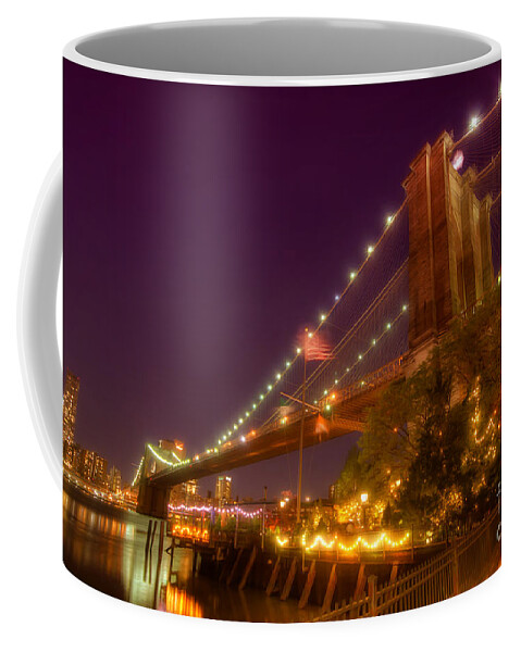 Art Coffee Mug featuring the photograph Brooklyn Bridge At Night by Yhun Suarez