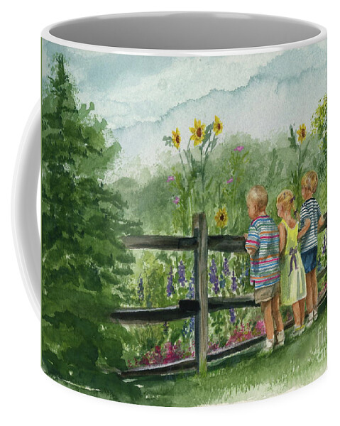 Children Coffee Mug featuring the painting By the Garden Fence by Nancy Patterson