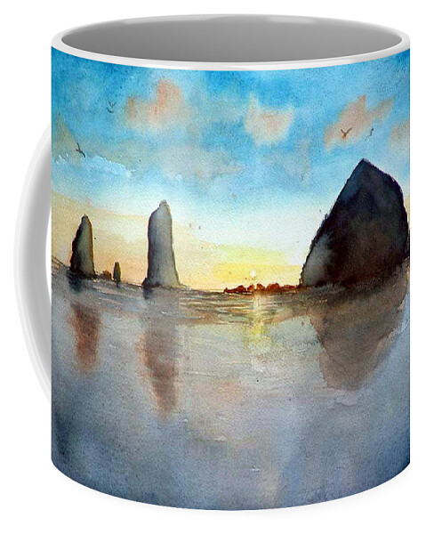 Watercolor Coffee Mug featuring the painting Cannon Beach Sunset by Chriss Pagani