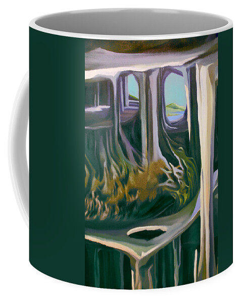 Mural Coffee Mug featuring the painting Card of Cave Man with Monk Committee by Nancy Griswold