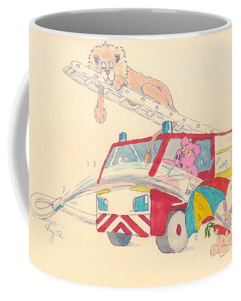 Red Coffee Mug featuring the drawing Cartoon Fire Engine and Animals by Mike Jory