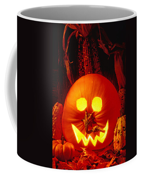 Pumpkin Coffee Mug featuring the photograph Carved pumpkin with fall leaves by Garry Gay