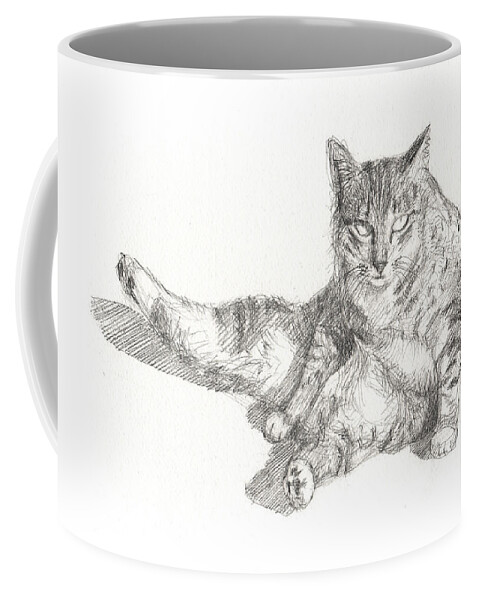 Cat Sitting Coffee Mug featuring the drawing Cat Sitting by Kazumi Whitemoon