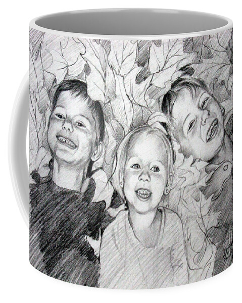 Children Coffee Mug featuring the drawing Children playing in the fallen leaves by Christopher Shellhammer