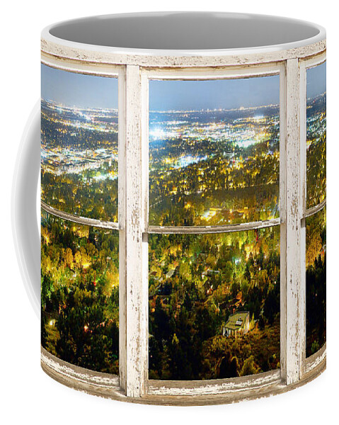 'window Frame Art' Coffee Mug featuring the photograph City Lights White Rustic Picture Window Frame Photo Art View by James BO Insogna