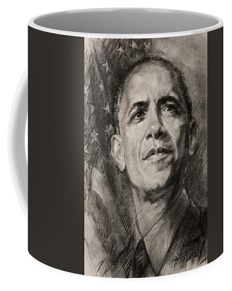 Barack Obama Coffee Mug featuring the drawing Commander-in-Chief by Ylli Haruni