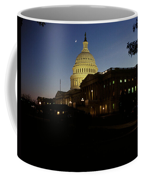 Scenic Coffee Mug featuring the photograph Conjunction of Moon Venus and Jupiter over the U S Capitol 15Q by Gerry Gantt