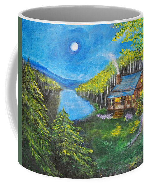 Log Cabin Coffee Mug featuring the painting Cozy Cabin by Leslie Allen