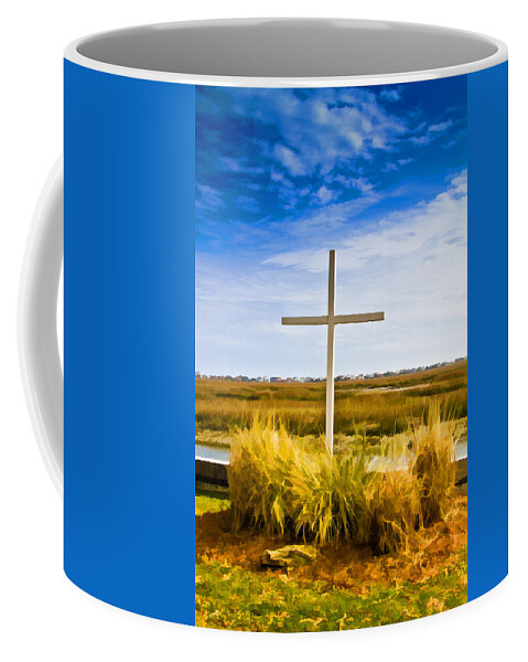 Cross Coffee Mug featuring the photograph Cross on the Inlet - Faux Painting by Bill Barber