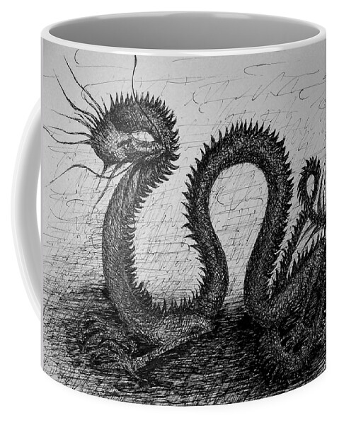 Dragon Coffee Mug featuring the drawing Dragon Looking Back by Gitta Brewster