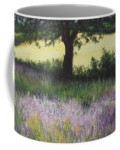 Lavender Coffee Mug featuring the painting Fields of Lavender, England by Lizzy Forrester