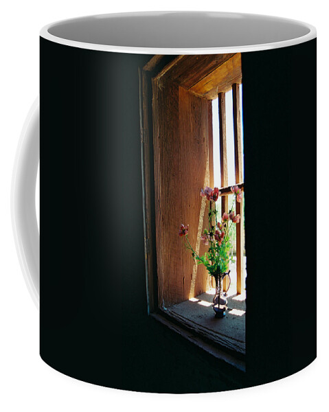Santa Fe Coffee Mug featuring the photograph Flower In Window by Ron Weathers