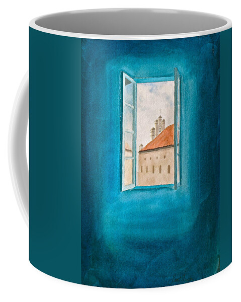 Turquoise Coffee Mug featuring the painting Fly Away by Frank SantAgata
