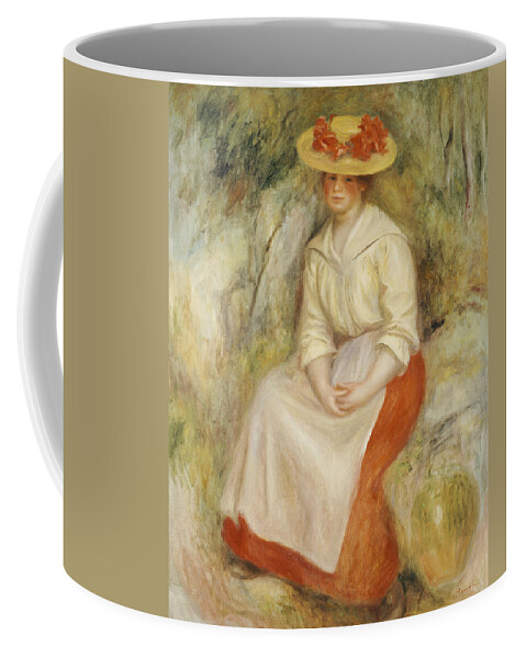 Impressionist; Impressionism; Portrait; Female; Seated; Sitting; Full Length Coffee Mug featuring the painting Gabrielle in a Straw Hat by Pierre Auguste Renoir