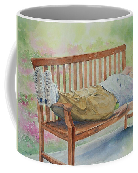 Garden Bench Coffee Mug featuring the painting Garden Respite by Celene Terry