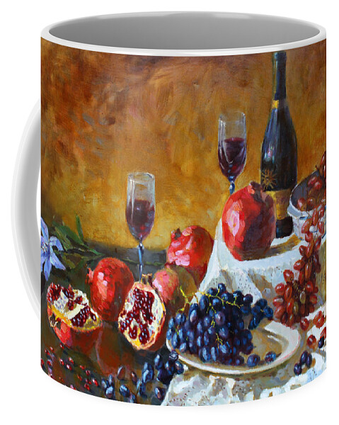 Grapes Coffee Mug featuring the painting Grapes and Pomgranates by Ylli Haruni