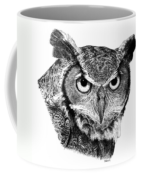 Owl Coffee Mug featuring the drawing Great Horned Owl by Scott Woyak