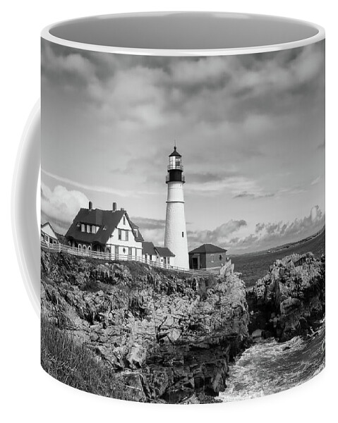 Lighthouse Coffee Mug featuring the photograph Guarding Ship Safety bw by Sue Karski