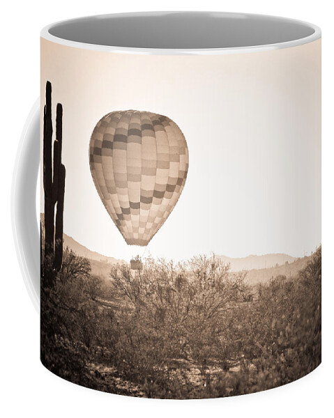 Arizona Coffee Mug featuring the photograph Hot Air Balloon On the Arizona Sonoran Desert In BW by James BO Insogna