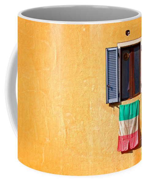 Italian Coffee Mug featuring the photograph Italian flag window and yellow wall by Silvia Ganora