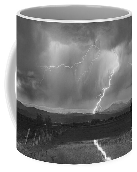 Awesome Coffee Mug featuring the photograph Lightning Striking Longs Peak Foothills 2BW by James BO Insogna