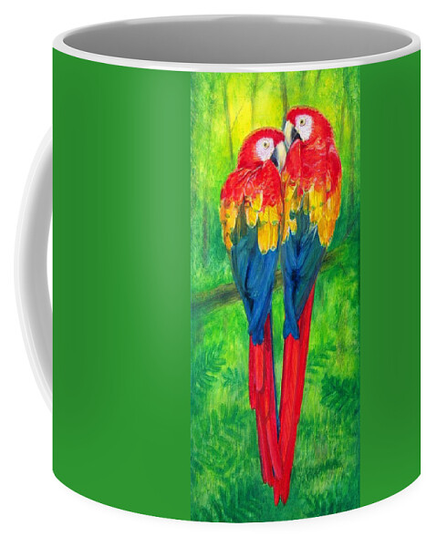 Love Birds Coffee Mug featuring the painting Love Birds- Macaw parrots by Sue Halstenberg