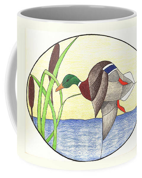 Colored Pencil Art Coffee Mug featuring the drawing Mallard Duck by Wendy McKennon