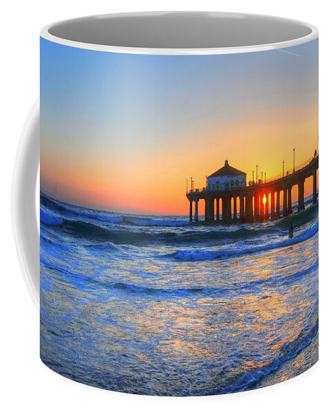 Manhattan Beach Pier Coffee Mug featuring the photograph Manhattan Pier Sunset by Richard Omura