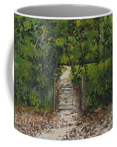 Marjorie Kinnan Rawlings Coffee Mug featuring the painting Marjorie's Gate by Larry Whitler