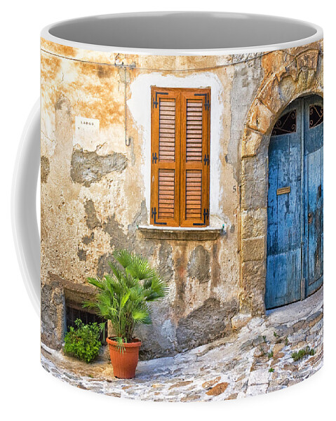 Mediterranean Coffee Mug featuring the photograph Mediterranean door window and vase by Silvia Ganora