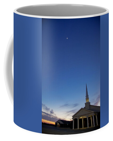 Sunset Coffee Mug featuring the photograph Moon over steeple at New Hope Baptist Church West Duncan Oklahoma by Toni Hopper