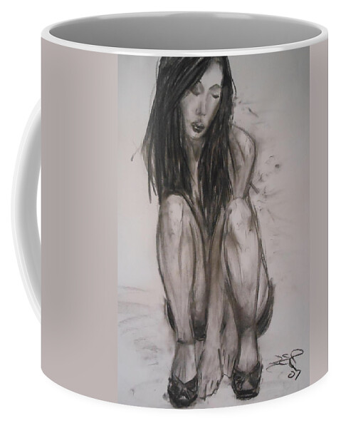 Asian Girl Coffee Mug featuring the drawing New Shoes by Jason Reinhardt