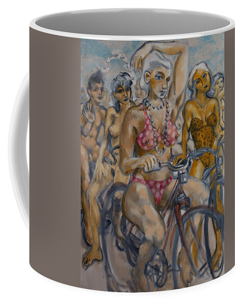 Nudes Coffee Mug featuring the painting Painted ladies on the naked bike ride take a break in view of the London Eye by Peregrine Roskilly