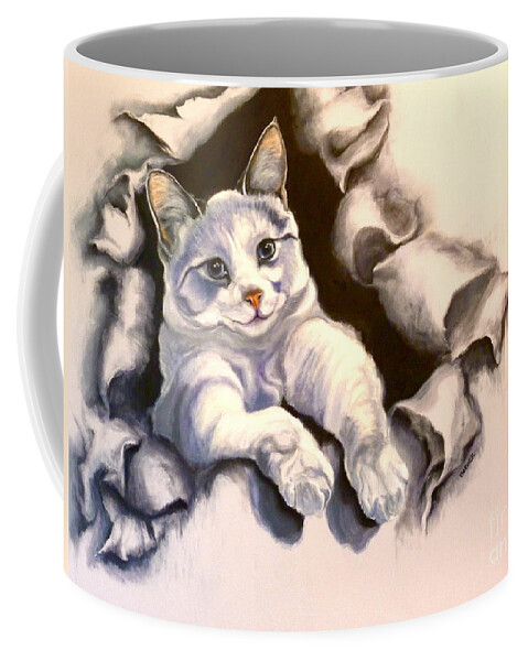 Cat Coffee Mug featuring the painting Paper Tiger by Susan A Becker