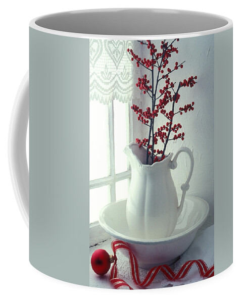 Christmas Coffee Mug featuring the photograph Pitcher with red berries by Garry Gay