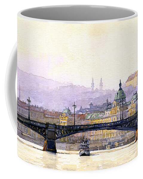 Watercolor Coffee Mug featuring the painting Prague Panorama Cechuv Bridge variant by Yuriy Shevchuk